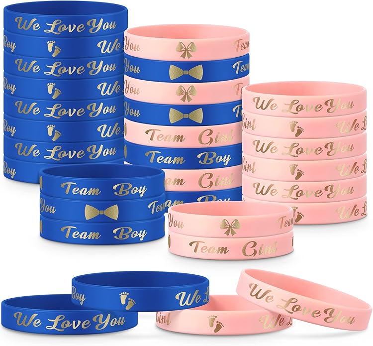 Jetec 60 Pieces Gender Reveal Bracelets, Team Boy Silicone Wristbands and Team Girl Rubber Bracelets for Gender Reveal Ideas Party Supplies Decorations