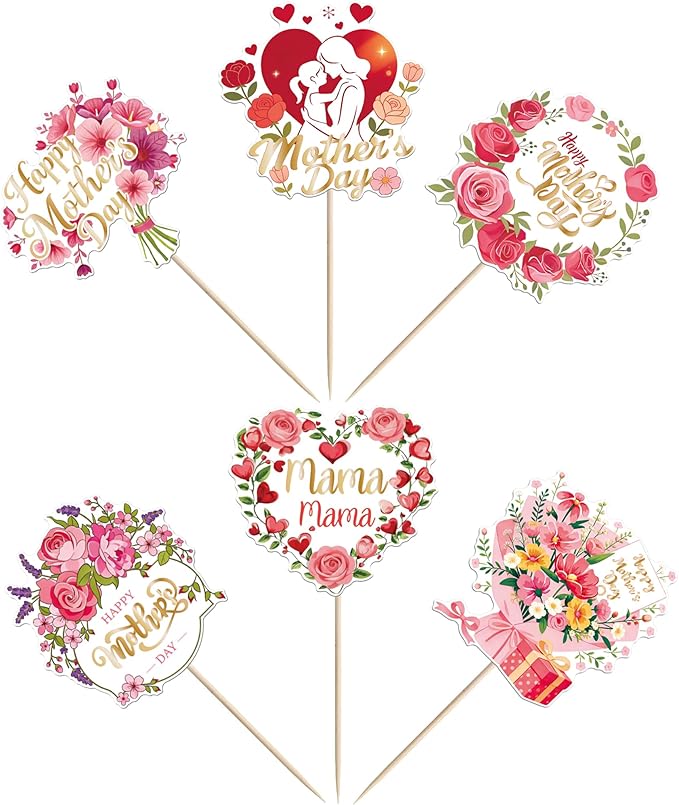 18 PCS Happy Mother's Day Centerpiece Sticks Double Sided I Love Mom Table Centerpieces Rose Flower Best Mother Floral Decorations for Happy Mother's Day Theme Mama Birthday Party Centerpieces