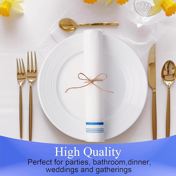 50 Disposable Paper Hand Towels for Bathroom, Decorative Linen Feel Guest Towels, Soft and Absorbent Paper Towels Napkins Bulk for Home Dinner Kitchen Wedding, 12" x 17"(Blue Trim Lined)