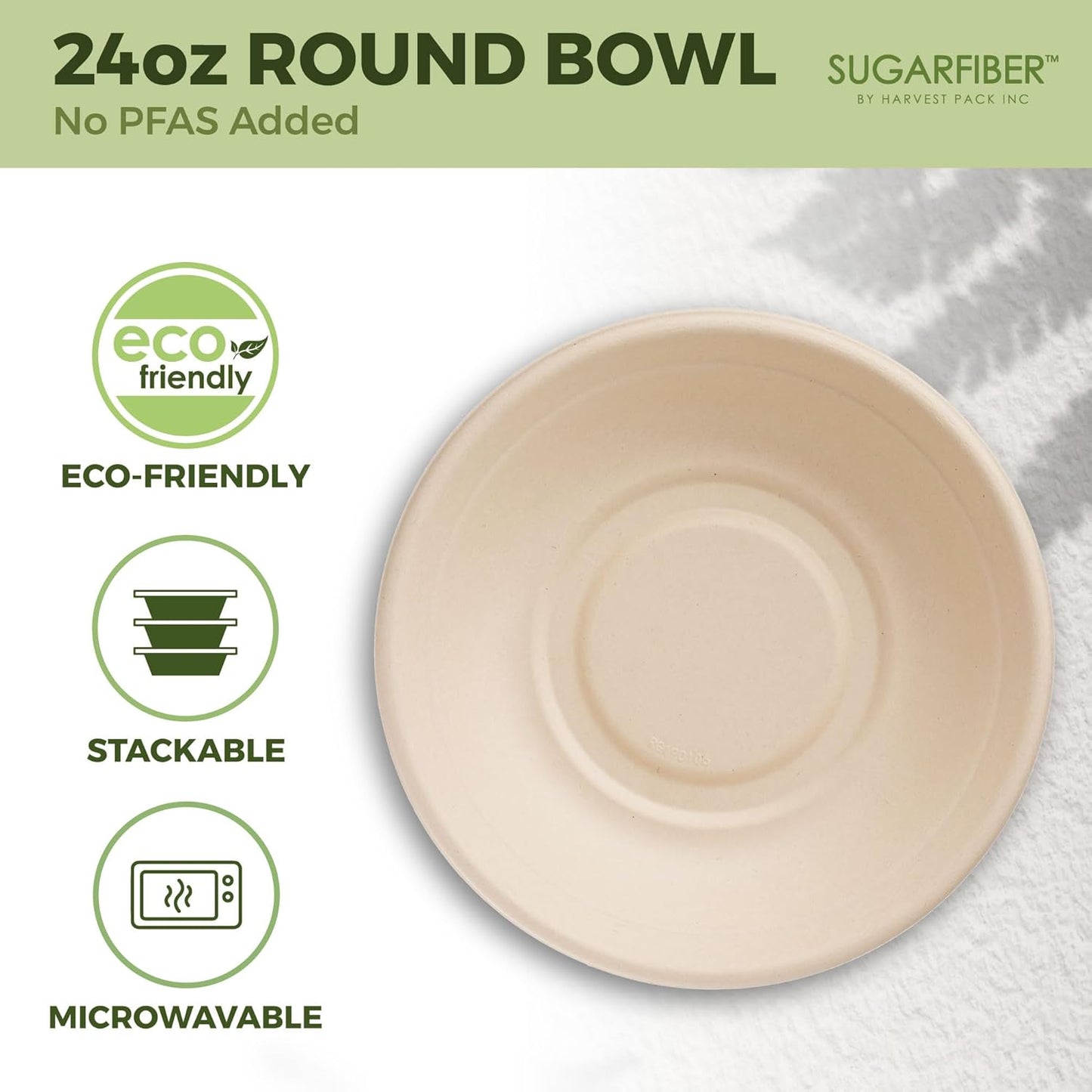 [50 COUNT]Sugarfiber by Harvest Pack PFAS FREE 24oz Round Paper Bowls - Compostable Heavy-Duty Eco-Friendly Disposable Bagasse Bowl sugarcane made plant fibers for Meal Prep