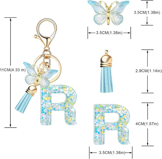 Fashion Alphabet Initial Letter Keychain Tassel Butterfly Pendant Key Ring for Purse Handbags Women Girl