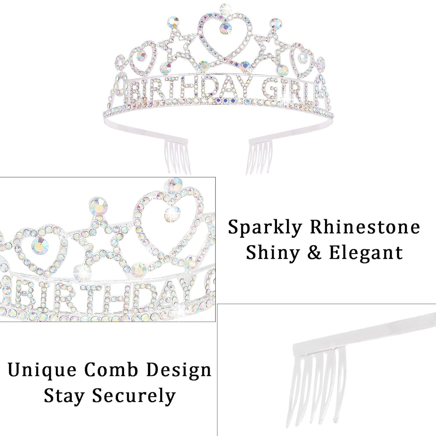 Birthday Girl Tiara and Sash Set - Silver Iridescent Rhinestone Crown & Glitter Sash for Birthday Party, Princess Celebration, Gift for Girls and Women
