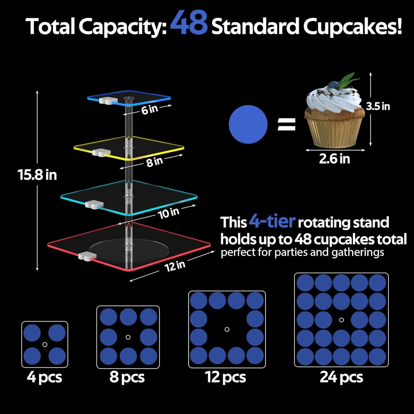 4-Tier Rotating Cupcake Stand with LED Lights - 360° Spinning Display Tower for Desserts, Cakes & Pastries - Rechargeable 7-Color Changing Serving Tray for Weddings, Parties & Festive Gatherings (Clear Acrylic)