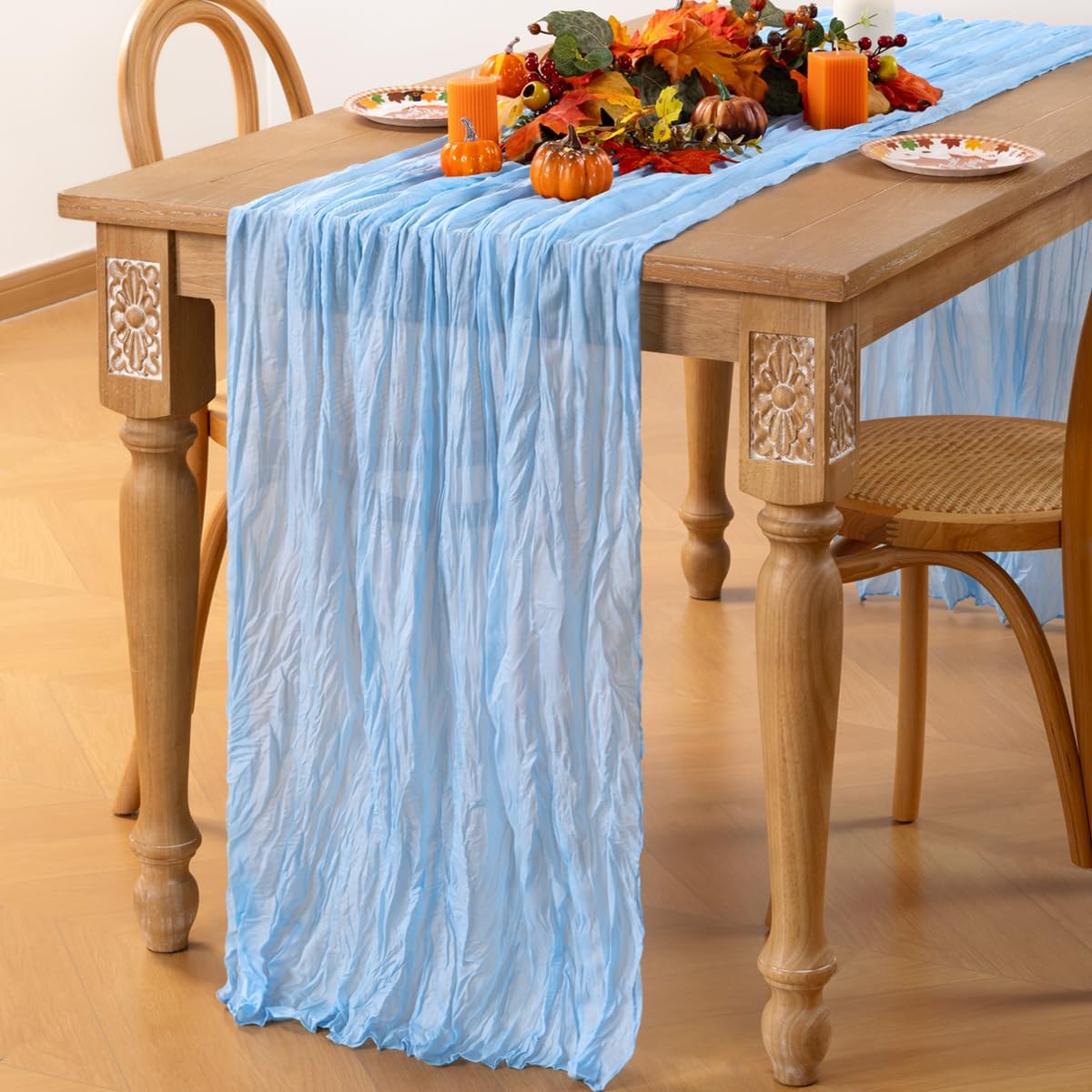 MLMC Light Blue Table Runner Baby Blue Cheesecloth Table Runner 10ft Baby Shower Decorations Rustic Gauze Fall Cheese Cloth Centerpiece 35x120 Inches for Gender Reveal Birthday Party Wedding Decor