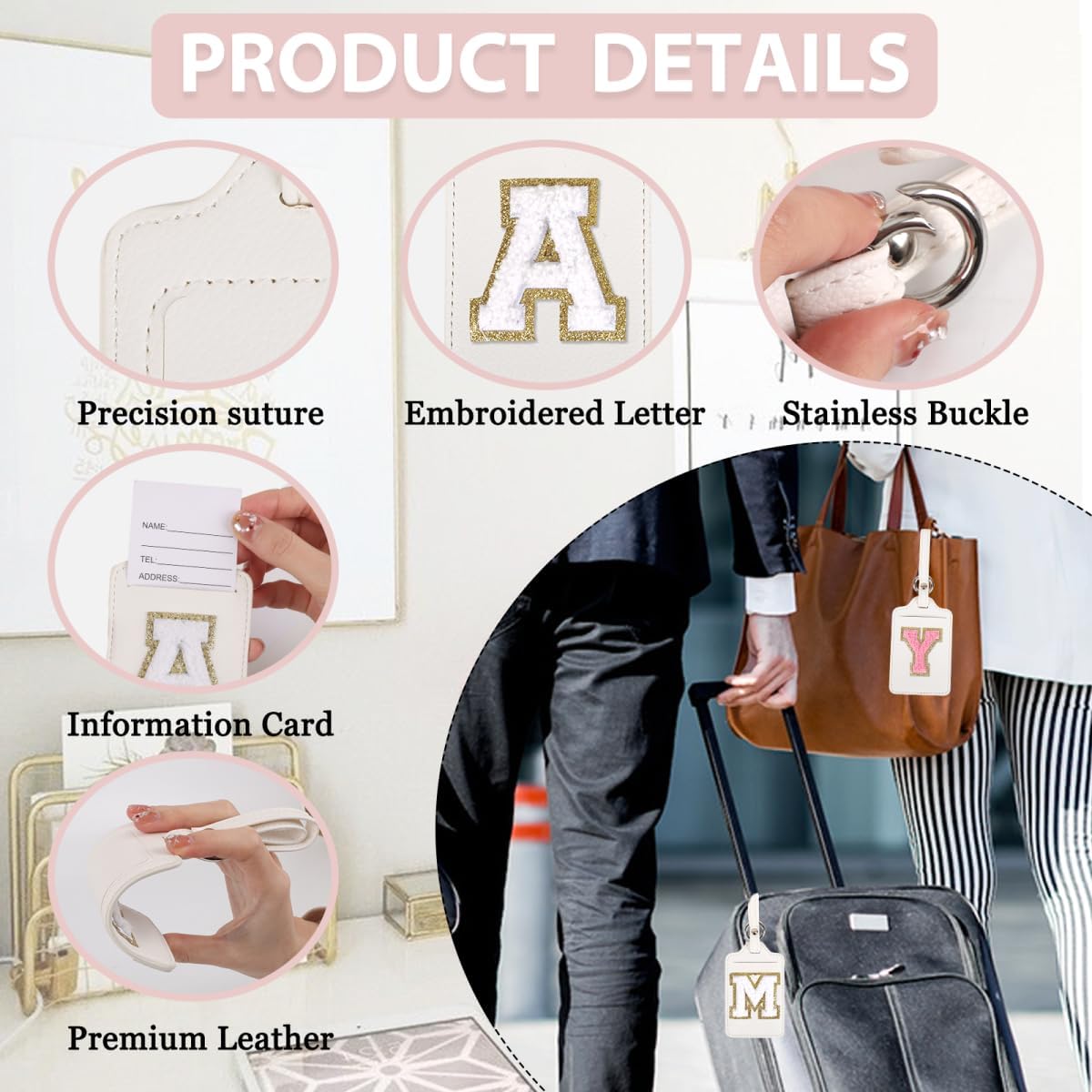 Personalized Initial Luggage Tags for Suitcases, Leather Chenille Letter Cute Luggage Tags with Privacy Name Card, Embroidered Travel Bag Backpack Tags Gifts for Women Kids Girls Teens(White-Q)
