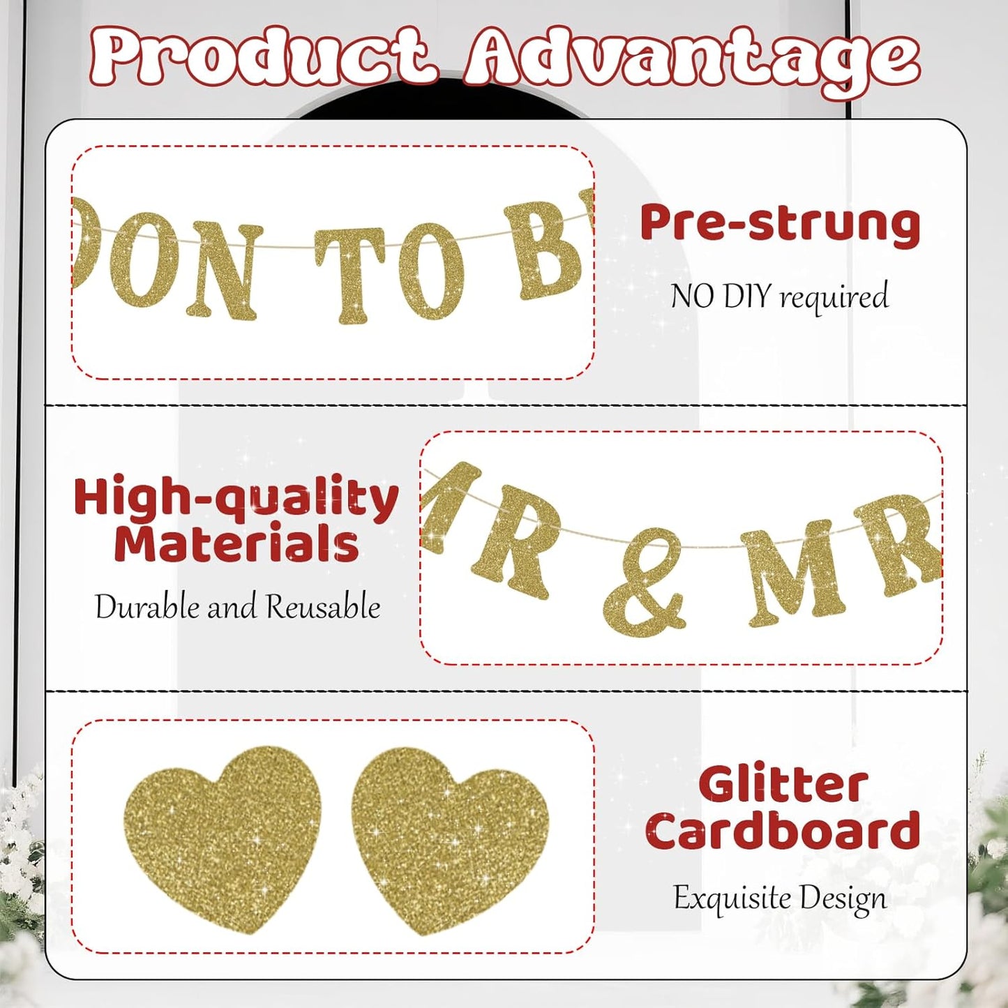 Soon To Be Mr & Mrs Sign Banner for Bridal Shower Decorations, Pre-Strung Gold Glitter Wedding Banner Decorations, Engagement Banners for Mantle Hanging Sign Couples Shower Decors