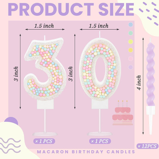 MTLEE Number 30 Birthday Candle with 12 Pcs Spiral Candles for Girls Macaron Pastel Rainbow Unicorn Pink Cake Topper for Sweet Theme Party Decoration