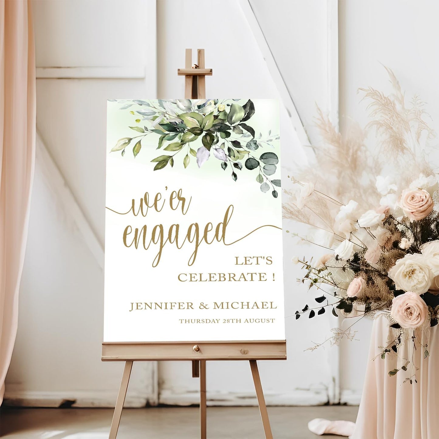 Greenery Gold Engagement Party Sign - Welcome Template, Rustic Decor