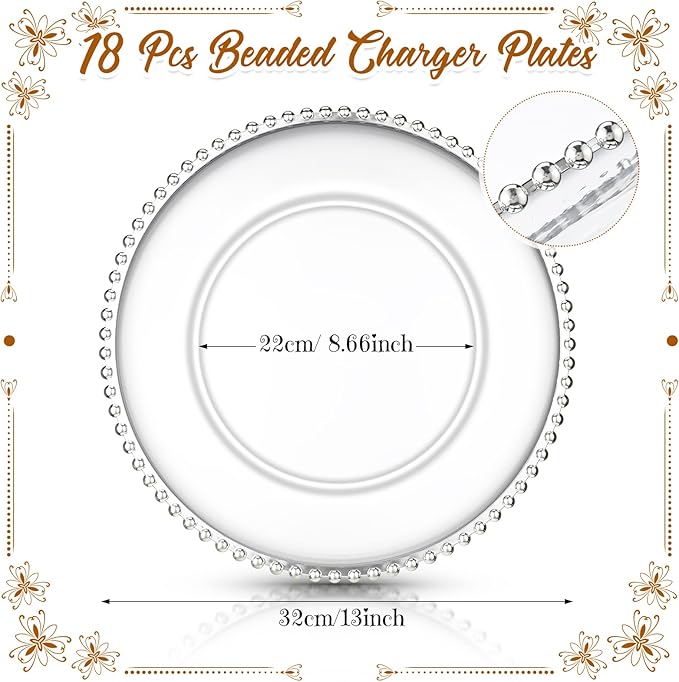 Zopeal 18 PCS Clear Charger Plates with Beaded Rim 13 Inch Plastic Round Charger Plates Bulk for Dinner Home Kitchen Wedding Party Tabletop(Silver)