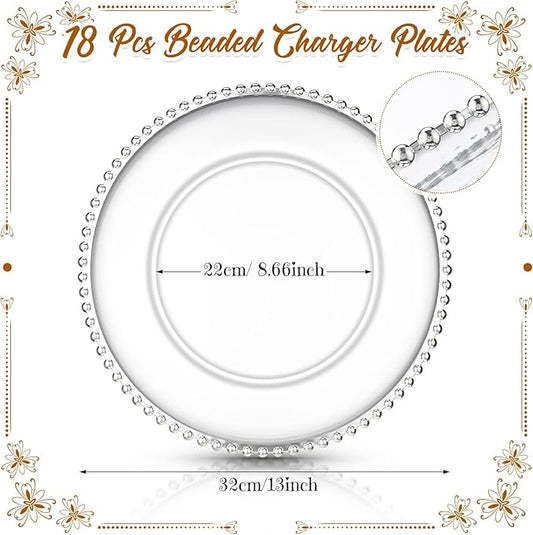 Zopeal 18 PCS Clear Charger Plates with Beaded Rim 13 Inch Plastic Round Charger Plates Bulk for Dinner Home Kitchen Wedding Party Tabletop(Silver)
