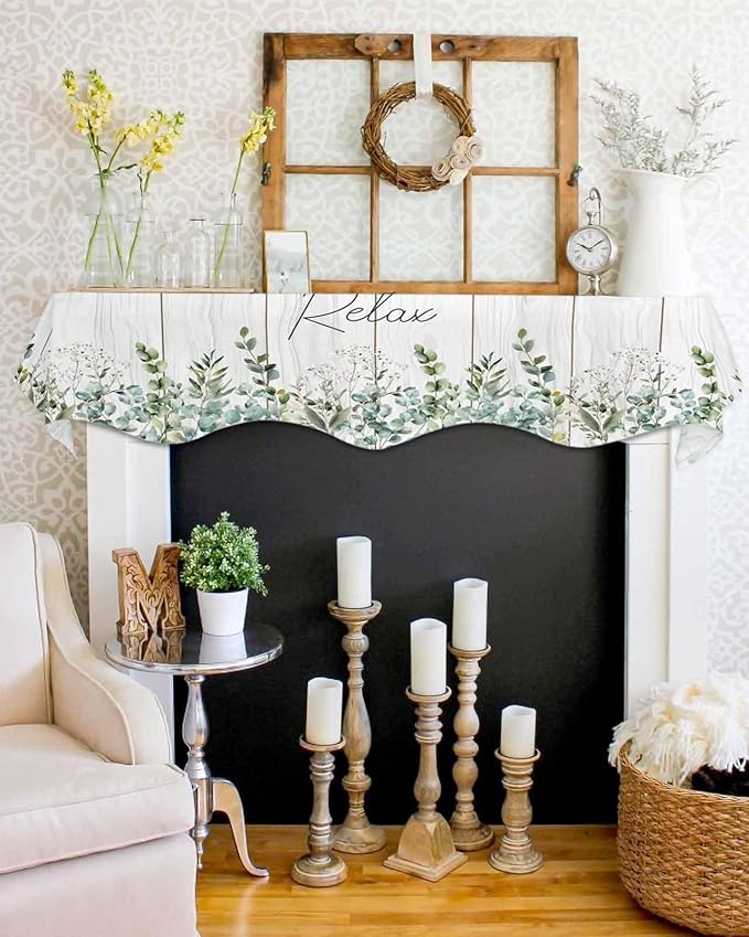 Green Eucalyptus Leaves Fireplace Mantel Scarf Table Runner, Summer Botanical Vintage Wooden Winter Garland Mantel Top Tablerunners Dresser Scarves Decorations for Windows Party Living Room 60''x17''