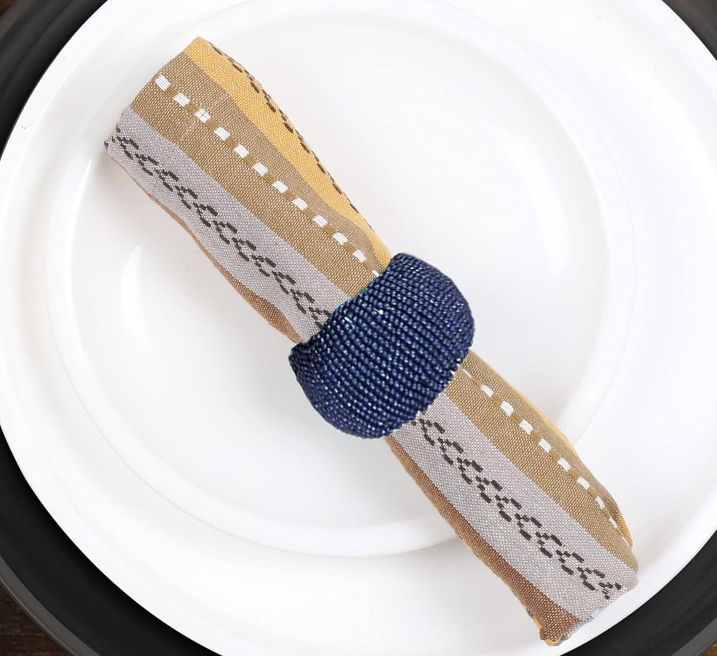 Goroly Home Beaded Napkin Rings Set of 4, Vintage Beads Napkin Holders for Wedding Party Table Decor, Christmas Decorations, Thanksgiving Decorations (Navy)