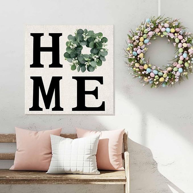 Canvas Artwork Painting Art, Home Green Eucalyptus Leaves Garland Square Framed Wall Decorations Prints Picture for Bedroom Kitchen Living Room, 24x24 in Retro Linen