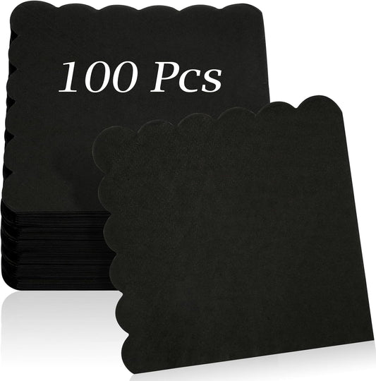 100 Pcs Cocktail Napkins, 2-Ply 5 x 5 Inches Disposable Scalloped Napkins, Thick Premium Dessert Napkins for Party, Wedding, Dinner, Birthday, Anniversary, Festival (Black)