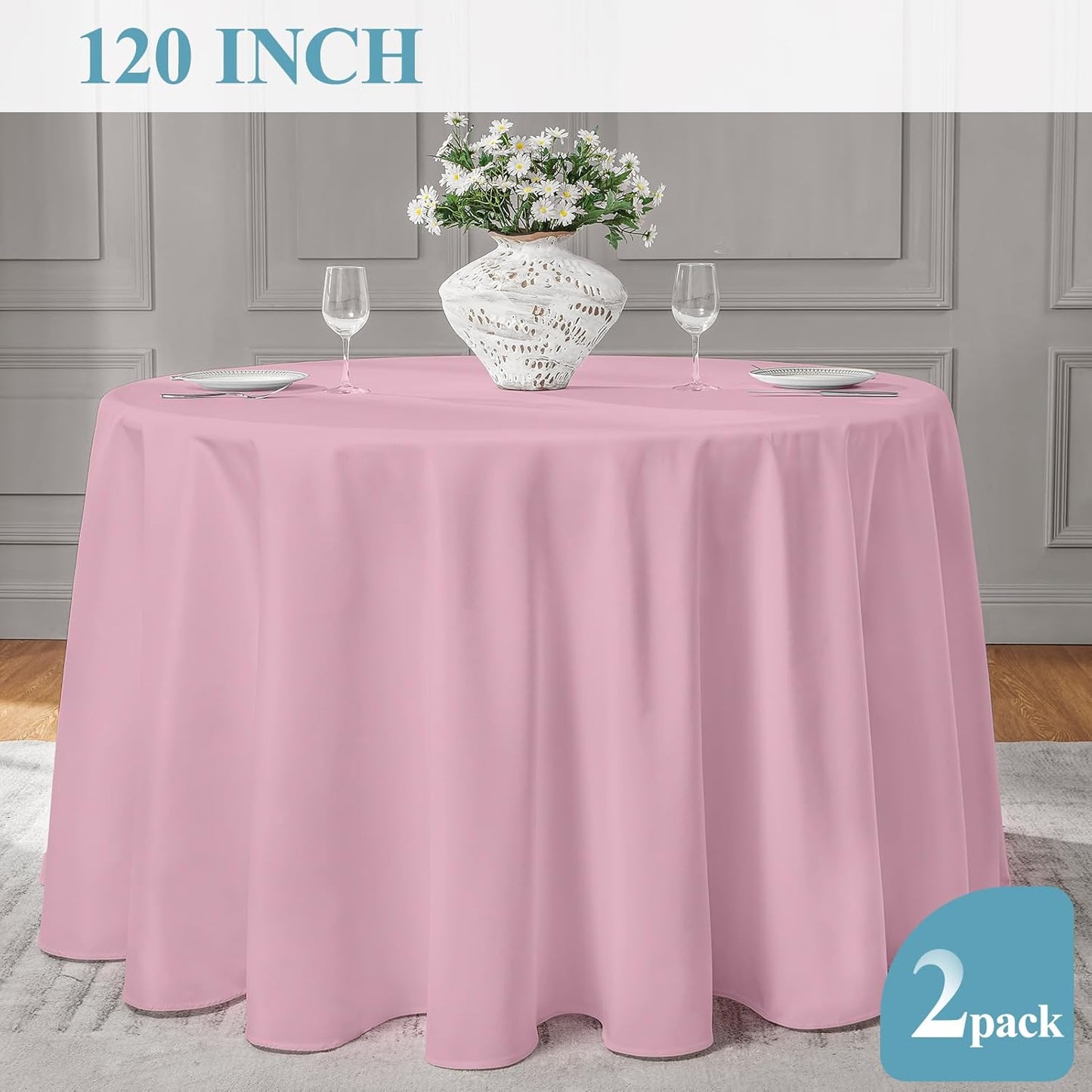 VidaFete Tablecloth 2 Pack 120inch Round Table Cloth Polyester, Stain Wrinkle Resistant Polyester Dining Table Cover for Kitchen Dinning Party Wedding Round Tabletop Buffet Decoration(Pink)