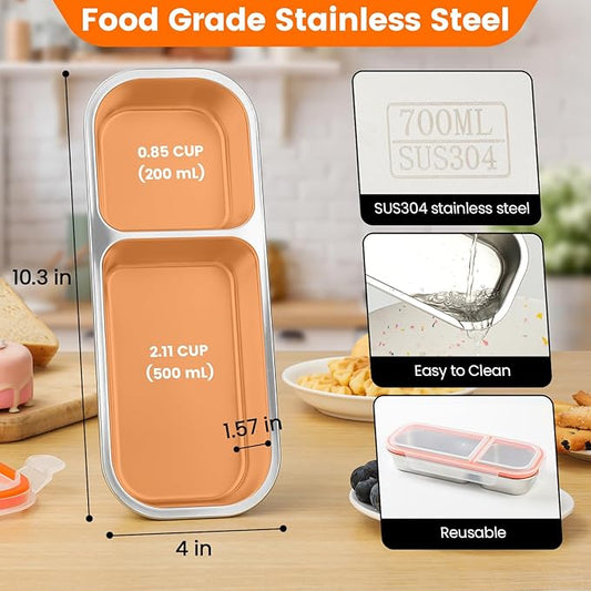 Stainless Steel Snack Containers with Lids, Reusable Condiment Box, Double Compartment Sauce Cups for Home, Travel