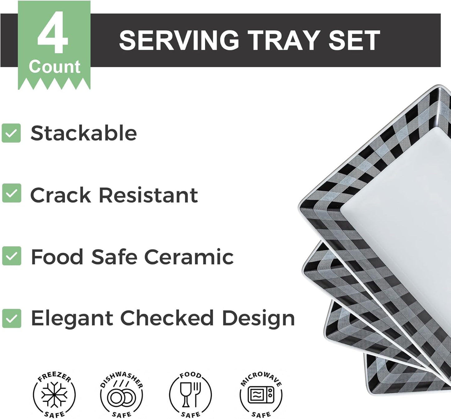 YHOSSEUN Halloween Serving Platters Set of 4, Black and White Serving Platters and Trays for Food, Rectangular Long Plates Serving Dishes for Entertaining, Checkered, 14 Inch