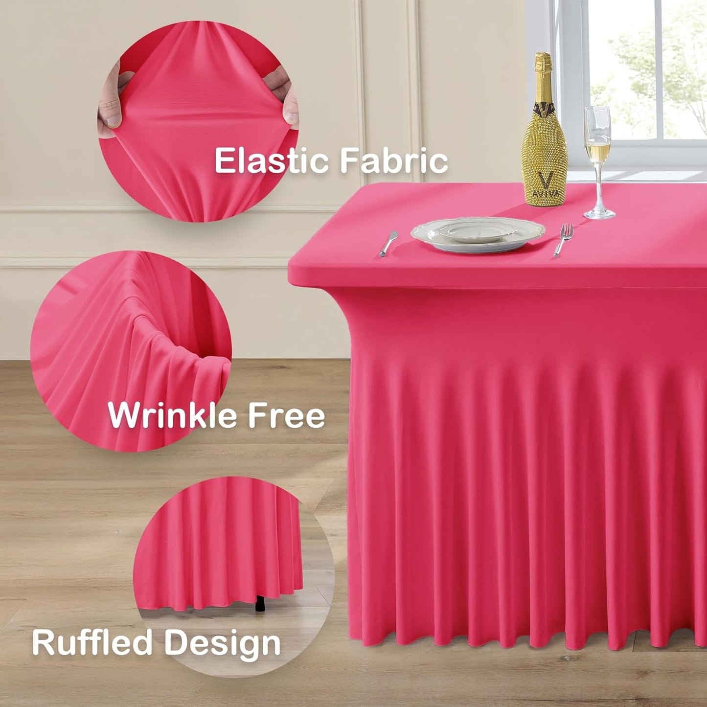 6pk Hot Pink Spandex Tablecloths 6ft for Rectangle Tables, Wrinkle Free Classy Table Skirt Stretchy Fitted Table Cloths Covers 6 Foot for Weddings Birthday Party Events Banquette Baby Shower