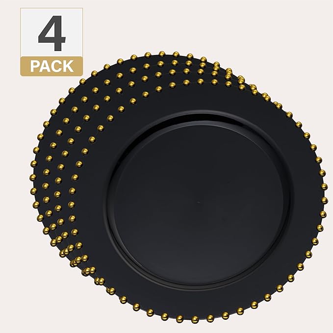 PLASTICPRO Black with Gold Rim Plastic Charger Plates with Beaded Edge – Pack of 4 – 13" Elegant Round Disposable Chargers for Weddings, Events, Parties, and Dinners