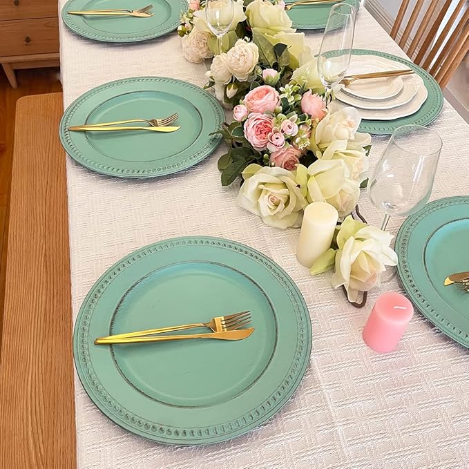 Antique Green Charger Plates,13 Inch Vintage Dinner Plate Chargers Round Server Ware.Set of 6 Plastic Beaded Chargers for Dinner Plates, Party, Wedding(Turquoise)