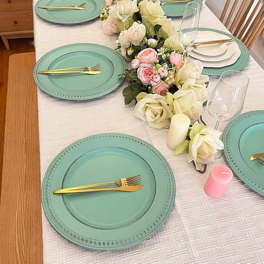 Antique Green Charger Plates,13 Inch Vintage Dinner Plate Chargers Round Server Ware.Set of 6 Plastic Beaded Chargers for Dinner Plates, Party, Wedding(Turquoise)