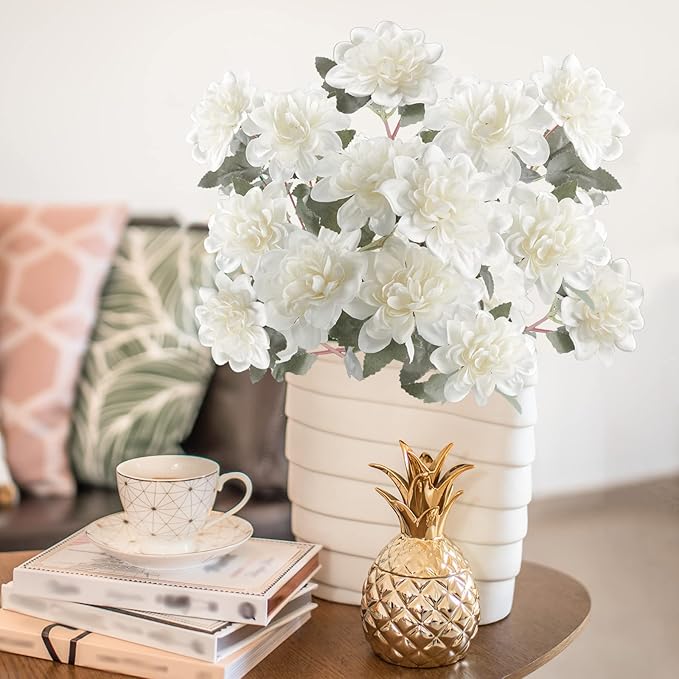 Uieke 6PCS Artificial Daisy Mums Flowers with Stem, Silk Dahlia Flowers Arrangement for Home Party Wedding Bouquet Winter Table Centerpieces Decor (White)