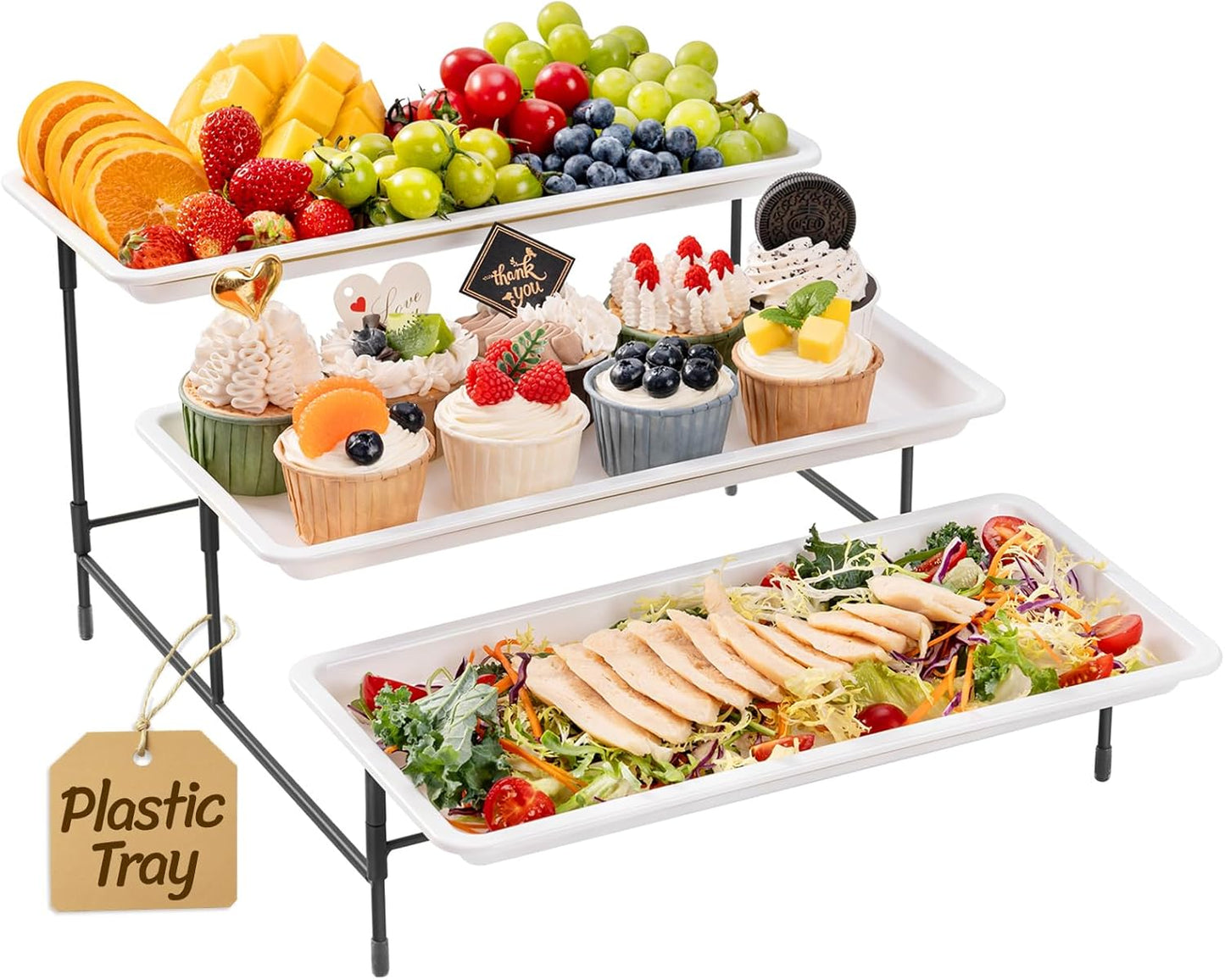 Lifewit 3 Tier Serving Tray, 14" x 6.5" White Plastic Tiered Food Serving Platters, Tiered Tray Stand for Party with Black Collapsible Metal Stand, Dessert Display Stands for Cookies, Crackers