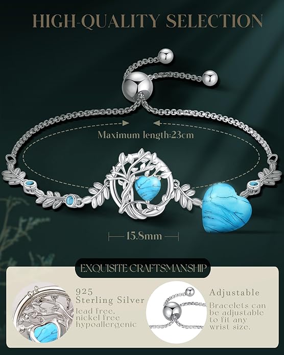FANCIME Valentines Day Gift Tree of life Birthstone Bracelet for Women Sterling Silver Tree Jewelry Birthstone Charm Bracelet Gemstone Anniversary Birthday Gifts for Wife Mom Her