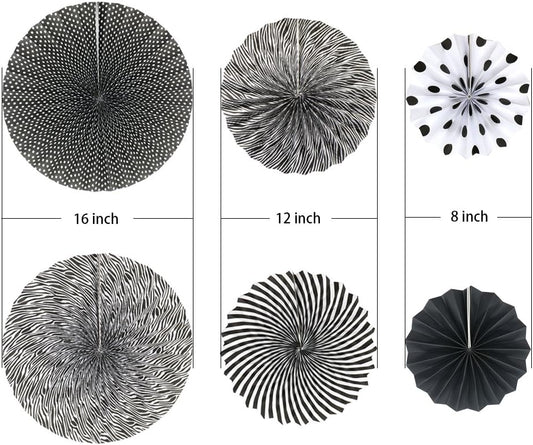 Party Hanging Paper Fans Set, Black Round Pattern Paper Garlands Decoration for Birthday Wedding Graduation Events Accessories, Set of 6