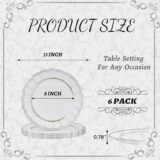 MAONAME Antique White Plate Chargers, 13" Round with Beaded Rim, Dinner Plates, Plastic for Party, Wedding