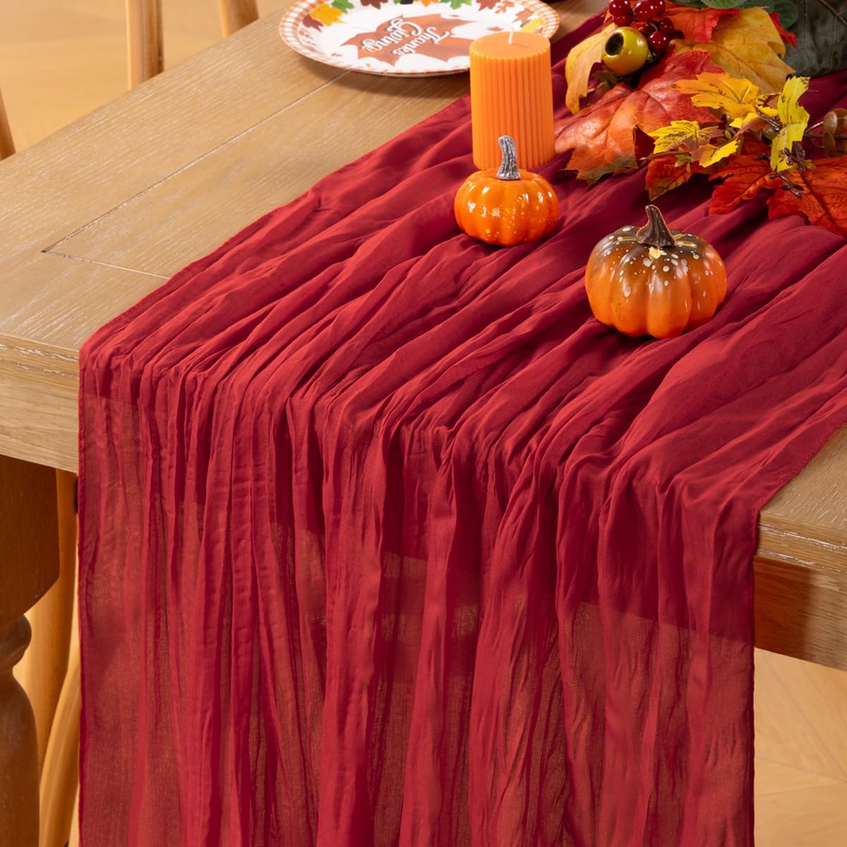 MLMC Red Table Runner 10ft Boho Rustic Gauze Fall Cheesecloth Table Runner Cheese Cloth Decor 35x120 Inches for Halloween Wedding Reception Home Winter Christmas Decor