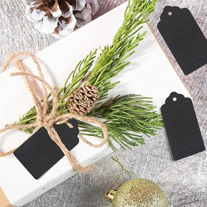 Kraft Paper Tags, 2'' x 4'' Paper Gift Tags with Twine for Arts and Crafts, Wedding Christmas Thanksgiving and Holiday-100PCS (Black)