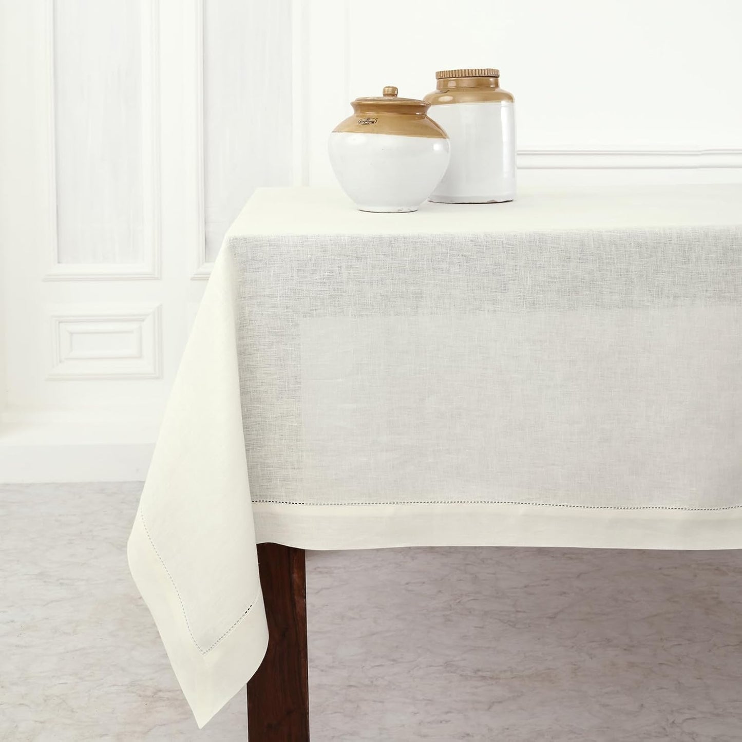 Solino Home Ivory Linen Tablecloth 54 x 72 Inch - 100% Pure Linen Hemstitch Table Cloth for Rectangle Tables - Classic Hemstitch, Machine Washable Tablecloth for Fall, Autumn, Thanksgiving, Holiday