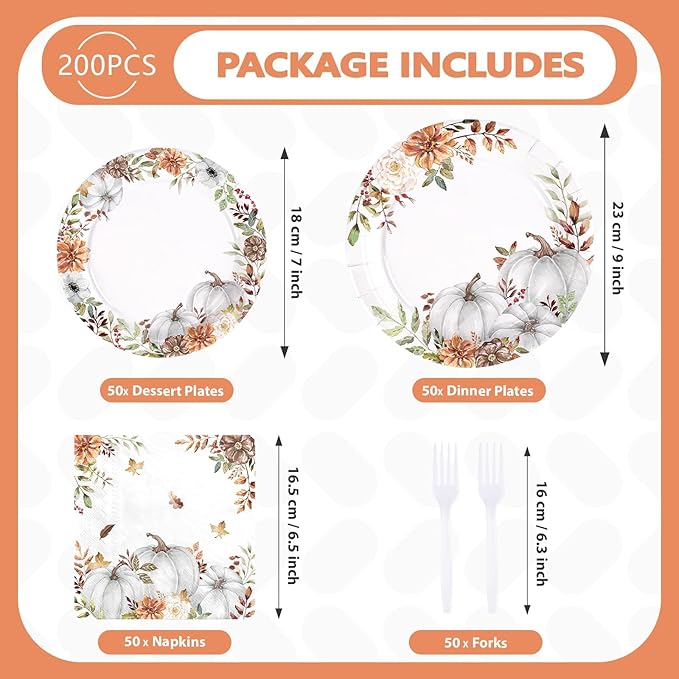 Grencian 200 Pcs Fall Pumpkin Paper Plates Watercolor Pumpkin Floral Platters Disposable White Pumpkin Decorative Tableware for Thanksgiving Harvest Wedding Birthday Party Decor Supplies Serves 50