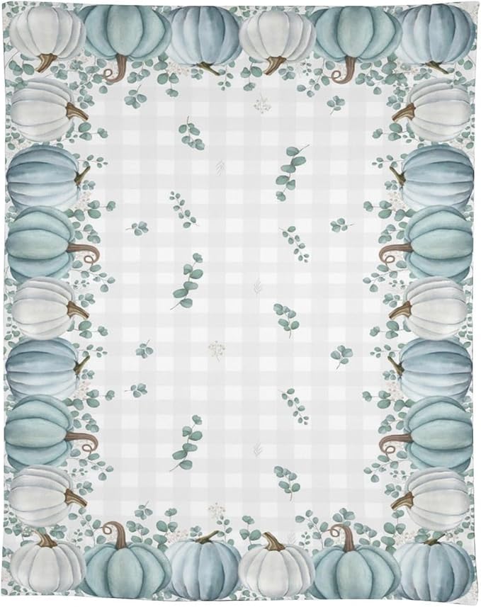 YCness Thanksgiving Pumpkin Tablecloth, Watercolor Eucalyptus Leaves Autumn Harvest Fall Watercolor Blue Gray Grid Table Cover for Party Picnic Dinner Kitchen 55x55 Inch Rectangle