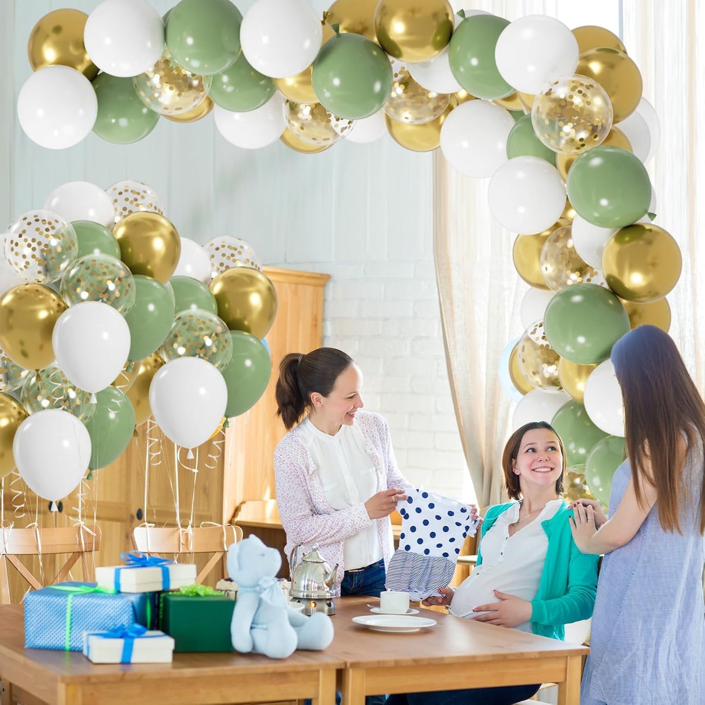 50pcs Sage Green Gold White Balloons, 12inch Olive Green and Gold Confetti Latex Balloons for Birthday Baby Shower Gender Reveal Wedding Party Decoration