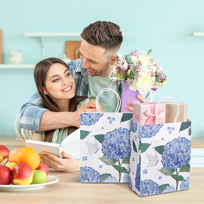 24 Pcs Floral Gift Bags Watercolor Hydrangea Paper Gift Bags with Handles Summer Party Favor Bag for Wedding Birthday Baby Shower