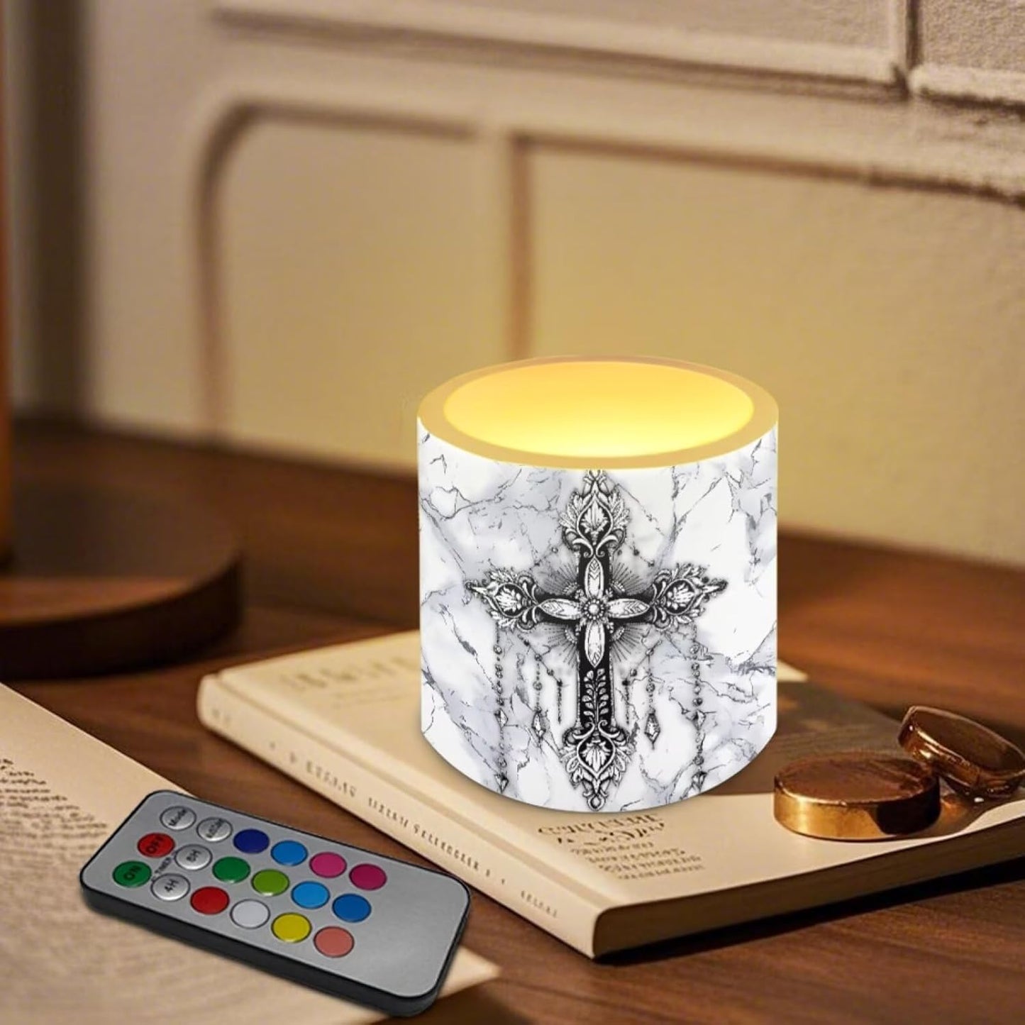 Poceacles LED Pillar Candles Set of 4 Flameless Plastic Night Lights with Remote and Timer Multi-Color Modes, Outdoor Indoor Battery Operated LED Pillar Candles, Cross Gray White Marble