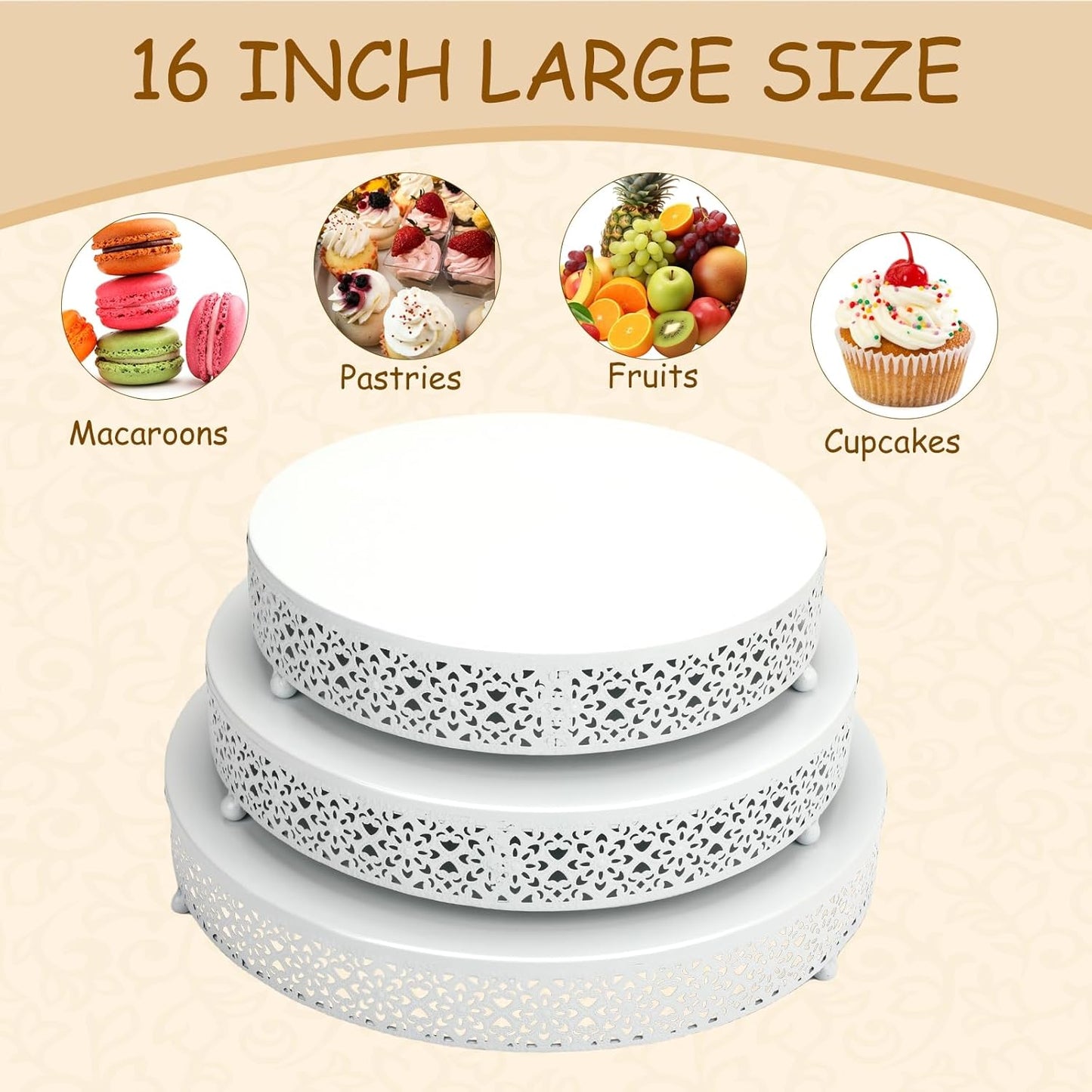 3 Piece Cake Stands Set 16'' 14'' 12'' Round Metal Cake Stands Cupcake Stand Riser Pastry Candy Display Plate for Dessert Table Wedding Event Birthday Anniversary Party (White)