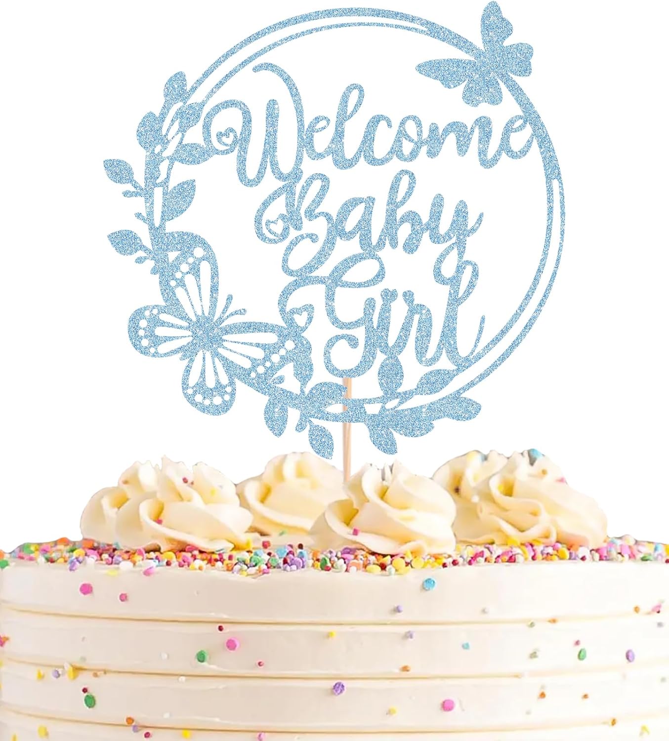 Welcome Baby Girl Cake Topper - Light Blue Glitter Baby Shower Cake Decorations, Baby Girl Cake Decor, for Baby Shower/Birthday Party/Gender Reveal Party Photo Booth Props