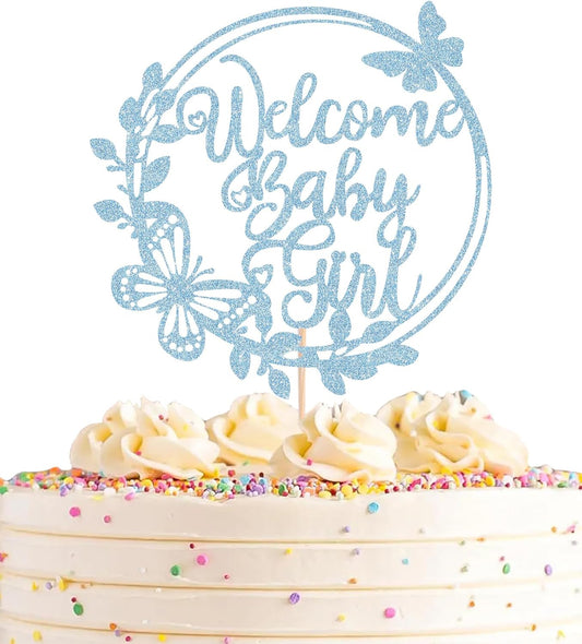 Welcome Baby Girl Cake Topper - Light Blue Glitter Baby Shower Cake Decorations, Baby Girl Cake Decor, for Baby Shower/Birthday Party/Gender Reveal Party Photo Booth Props