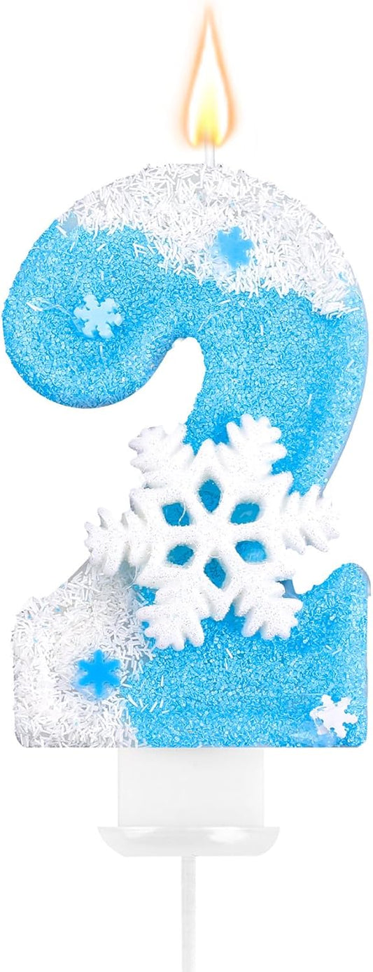 Frozen Birthday Party Decorations, Number 2 Birthday Candle, Frozen Birthday Party Favors, Happy Birthday Candle for Cake, Blue Snowflake Cake Topper Decoration for 2nd 2 Year Old Party Favor Supplies