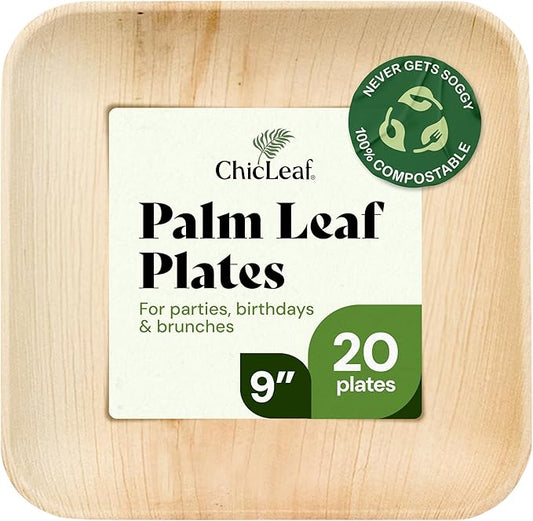 Chic Leaf Palm Leaf Disposable Bamboo Plates - Party Plates for Weddings & Event Appetizers, Indoor Events aRomantic Date Night Essentials - Biodegradable & Compostable - Party Supplies (9", 20 Pack)