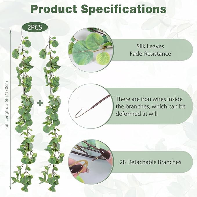 RECUTMS 2Pack Fake Big Eucalyptus Garland 5.6FT Artificial Apple Leaves Ivy Vine Greenery Faux Hanging Wreath Rattan for Home Office Wedding Garden Farmhouse Balcony Wall Window Outdoor Indoor Decor