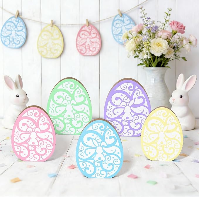 5 Pcs Wooden Hidden Bunny Easter Egg Tiered Tray Sign for Table Centerpieces Decoration Spring Cute Rabbit Mantal Ornament for Farmhouse Fireplace Easter Egg Hunts Basket Home Kitchen Party Supplies