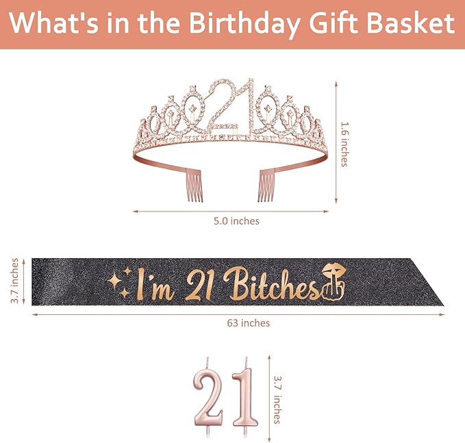 21st Birthday Decorations for Her with I'm 21 Bitches Sash and Tiara Rose Gold, 21 Candles Rose Gold, 21 Year Old Gifts for Her