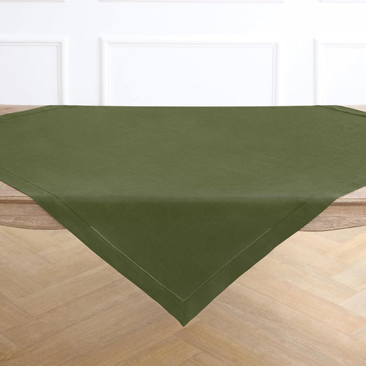 Solino Home Linen Tablecloth 52 x 52 Inch - 100% Pure Linen Olive Square Tablecloth - Classic Hemstitch, Machine Washable Table Throw for Fall, Autumn, Thanksgiving
