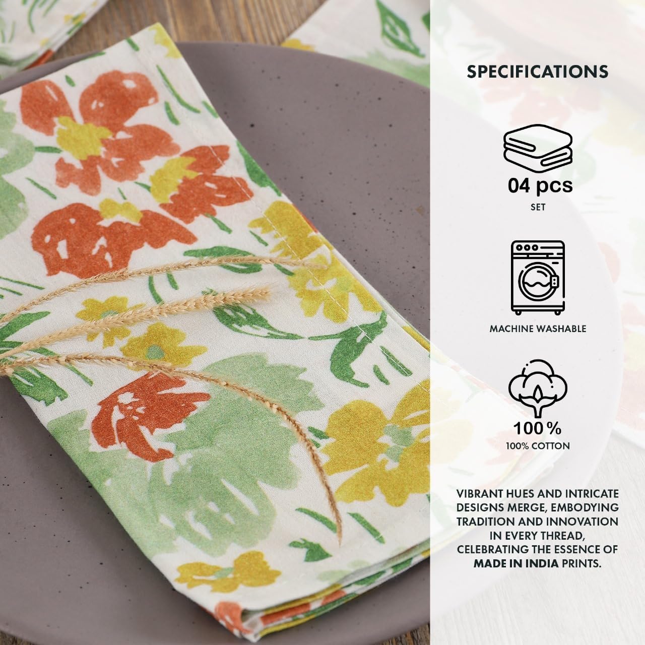 TARAN LIVING Cloth Napkins Set of 4, Printed Floral Cotton Dinner Napkins, Soft Washable Table Napkin Set Holiday Farmhouse Décor - 18"x18"