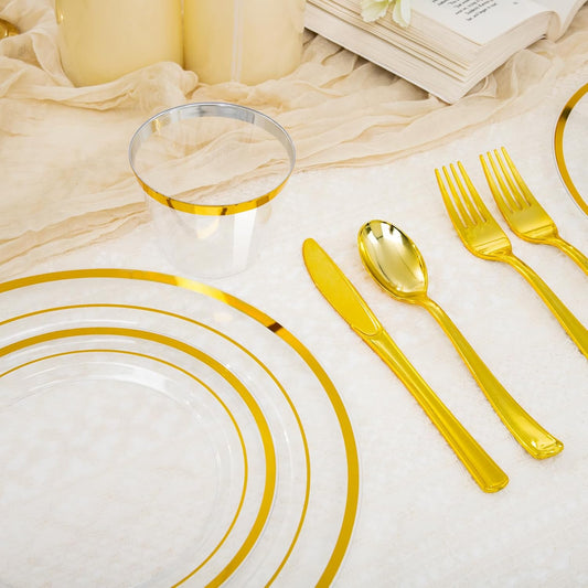 150 PCS Clear Gold Disposable Dinnerware Set for 25 Guests, Clear and Gold Plastic Plates for Party, 25 Dinner Plates, 25 Salad Plates, 25 Cups, 25 Spoons Forks Knives for Wedding and Party Supplies
