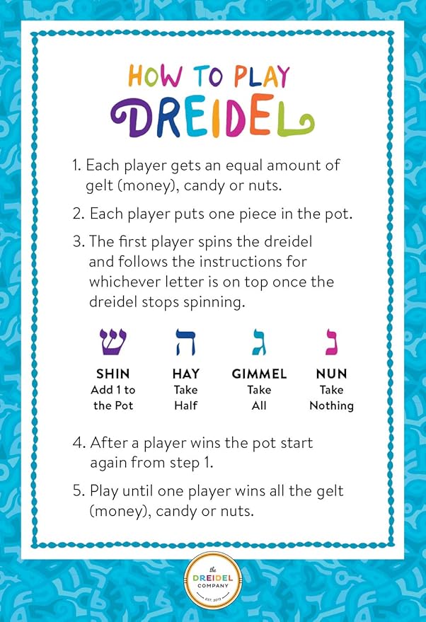 The Dreidel Company 10 Bulk Pack Multi-Color Plastic Hanukkah Dreidels with English Transliteration - Includes Game Instruction Cards (10-Pack)